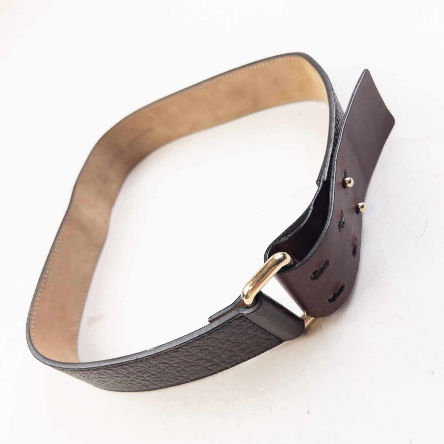 Burberry brown and burgundy leather belt textured finish gold-tone double prong buckle detail