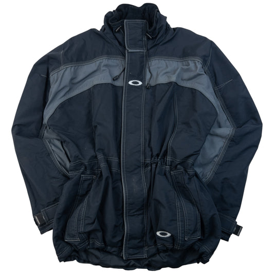 OAKLEY black and grey zip-up snowboarding jacket with embroidered logo and adjustable cuffs.