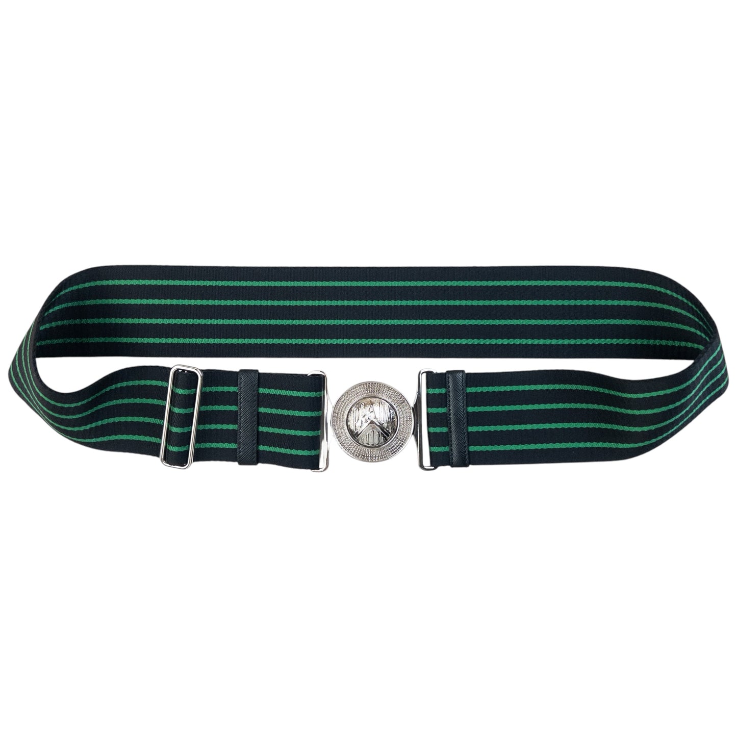 Prada black and green striped belt wide elastic design with silver-tone logo buckle detail