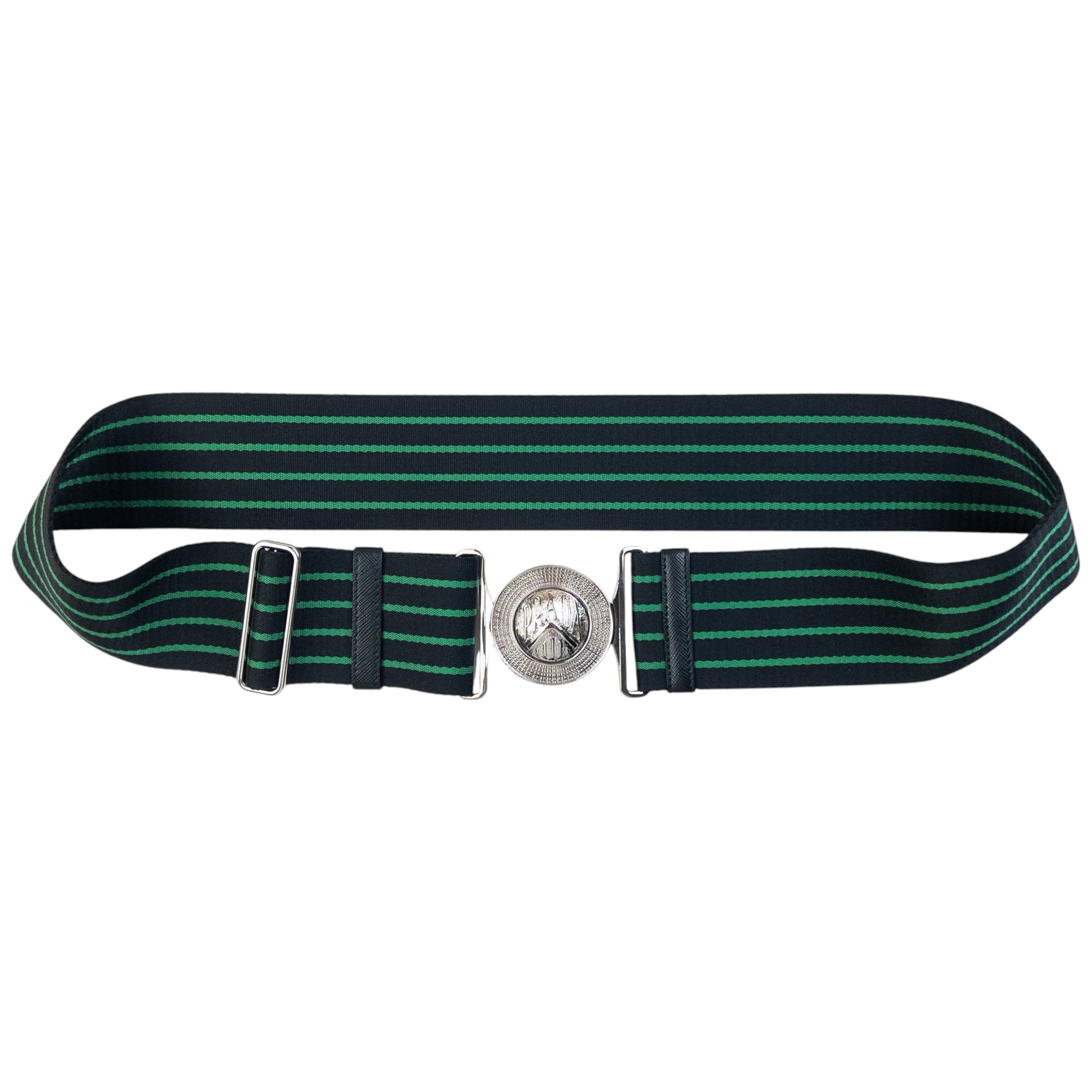 Prada black and green striped belt wide elastic design with silver-tone logo buckle detail