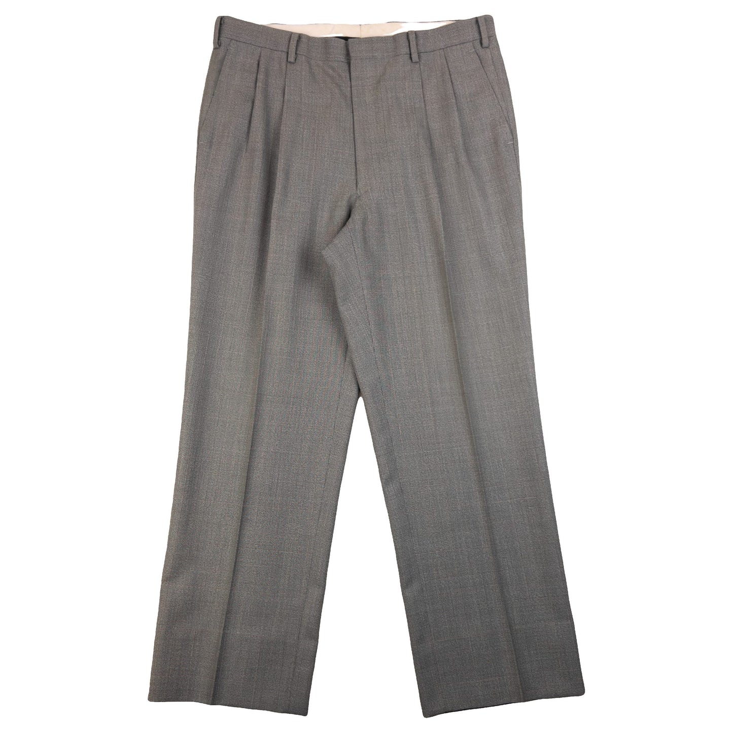 BALENCIAGA grey checkered suit set featuring a two-button jacket with flap pockets and pleated trousers