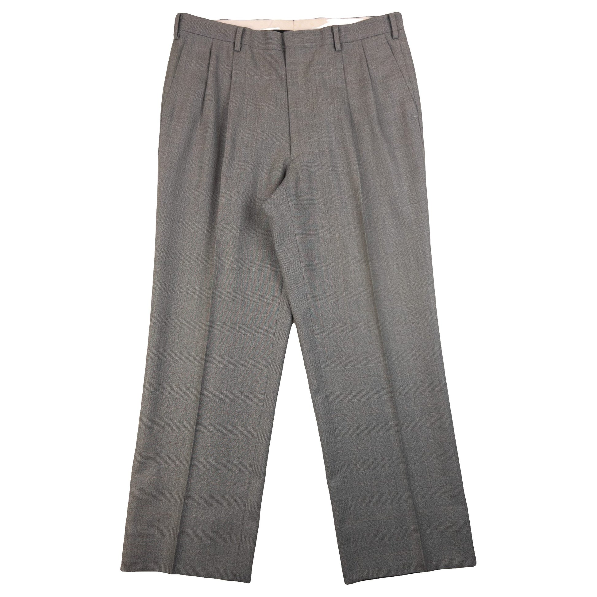 BALENCIAGA grey checkered suit set featuring a two-button jacket with flap pockets and pleated trousers