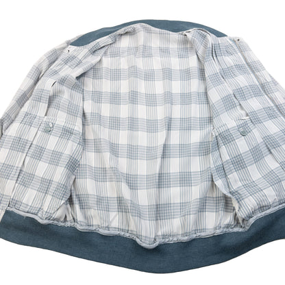 YVES SAINT LAURENT blue and white checkered bomber jacket embroidered logo on chest, ribbed details.