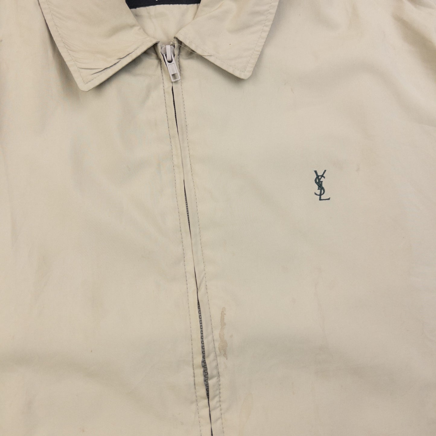 YVES SAINT LAURENT beige and grey Harrington jacket embroidered logo on chest, zip front closure.