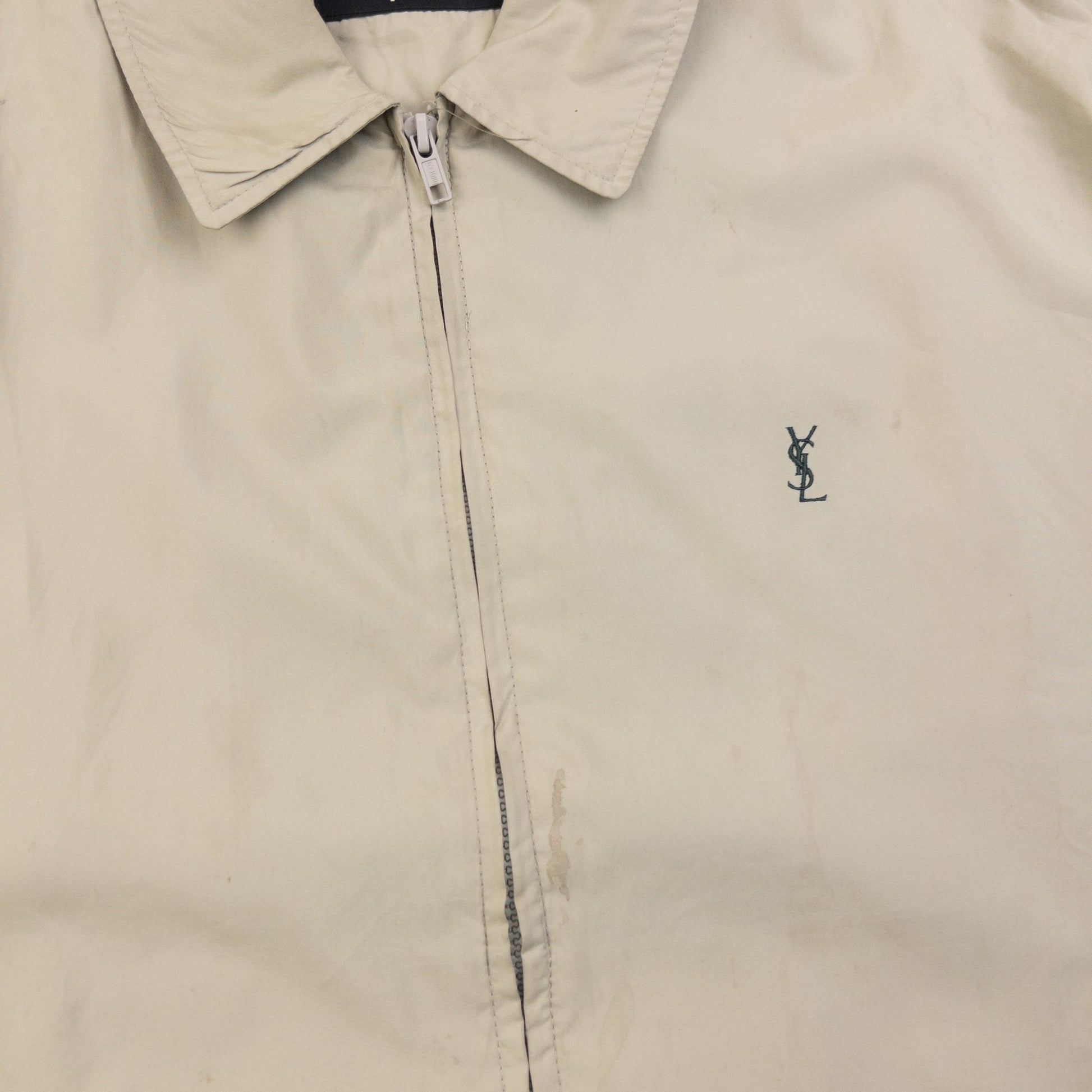 YVES SAINT LAURENT beige and grey Harrington jacket embroidered logo on chest, zip front closure.