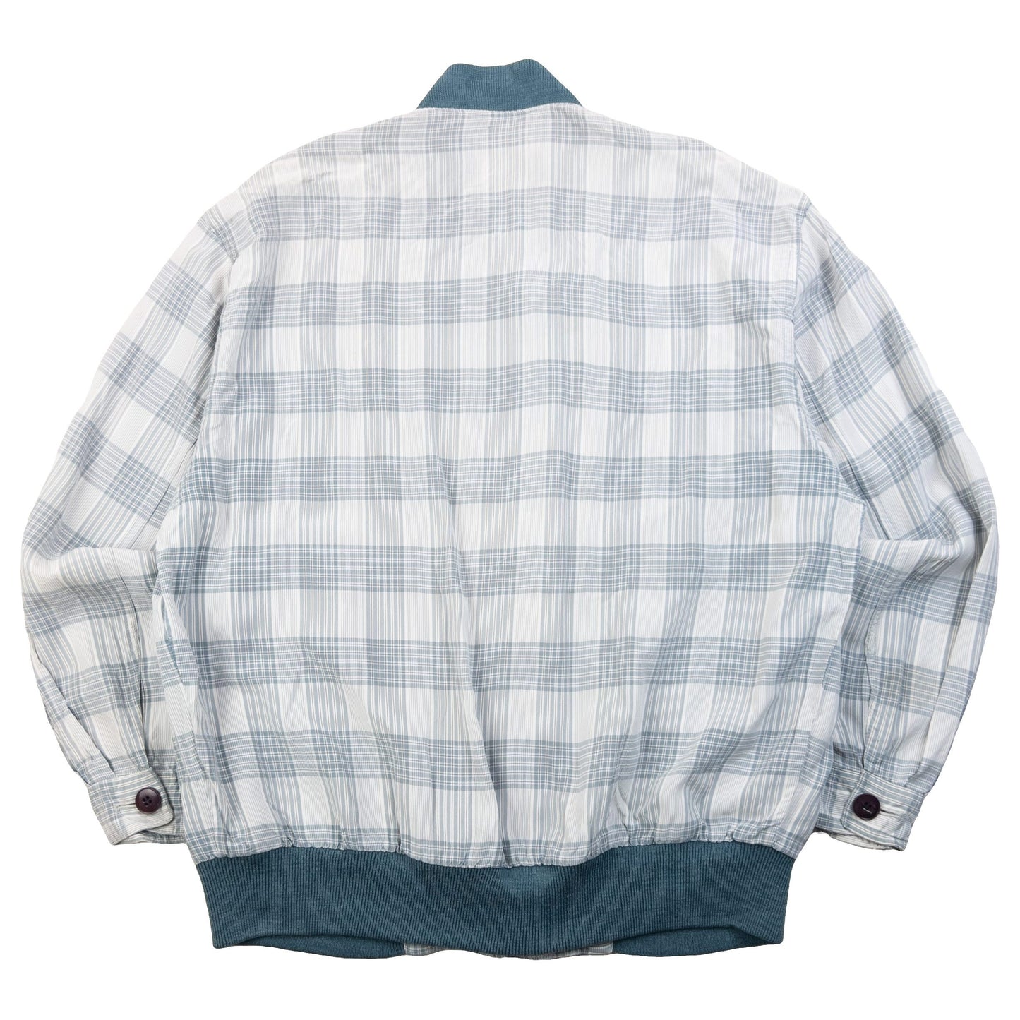 YVES SAINT LAURENT blue and white checkered bomber jacket embroidered logo on chest, ribbed details.