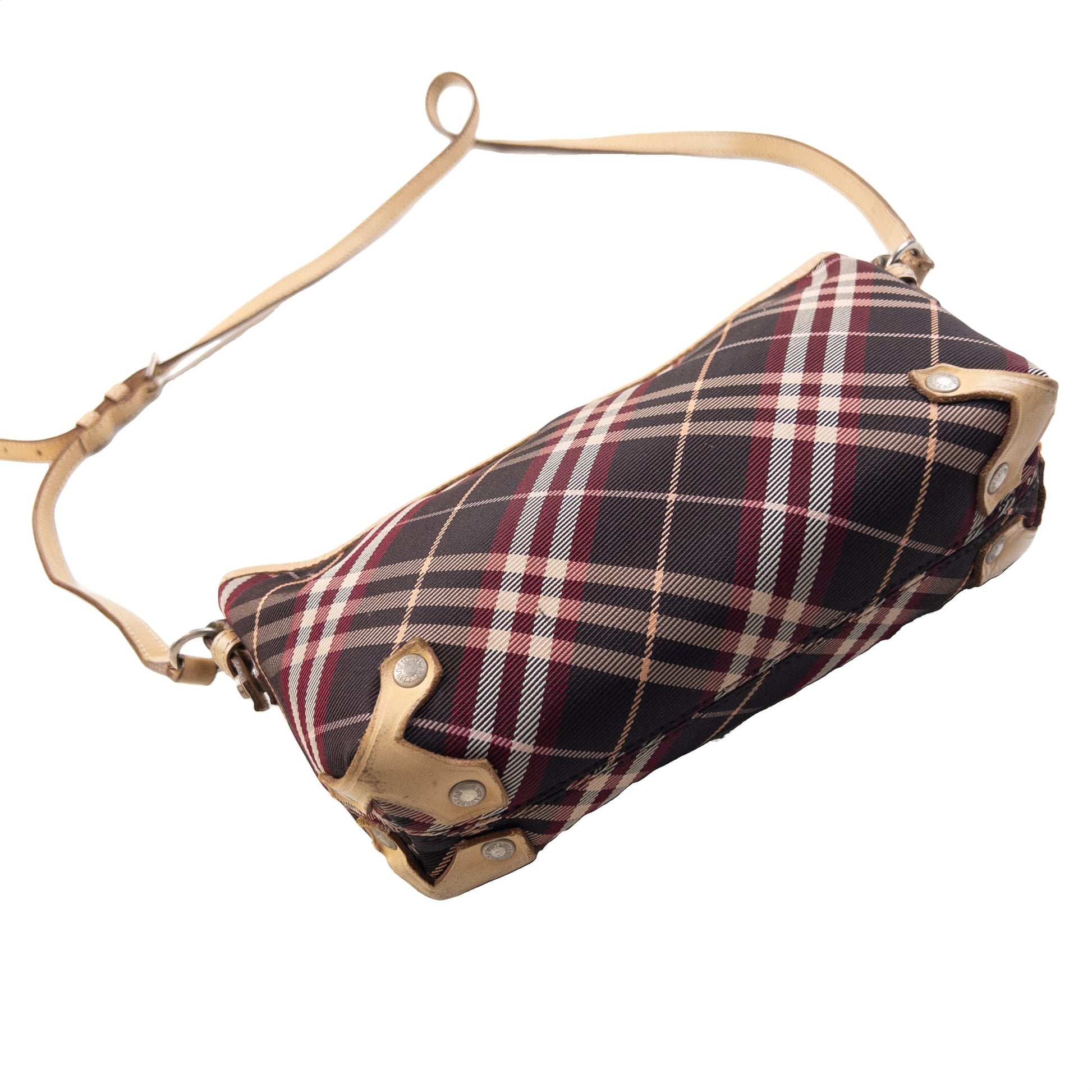 Burberry beige crossbody bag featuring classic Nova Check pattern and branded metal studs.