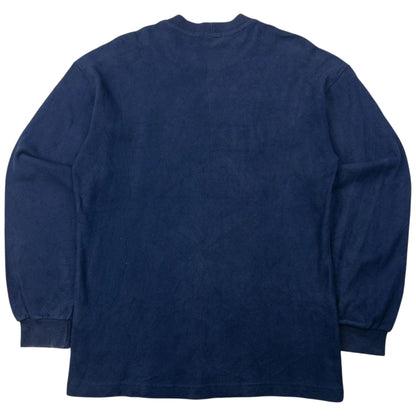 VERSACE navy hooded sweatshirt embossed logo on front, ribbed cuffs and neckline, small logo patch.