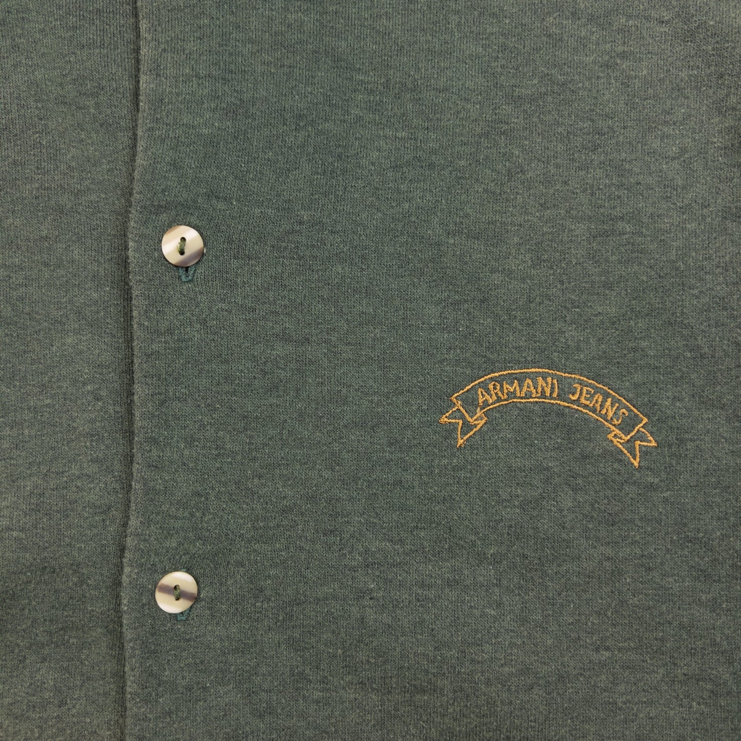 Armani Jeans green button-up collared jumper embroidered logo on chest, fleece-lined interior.