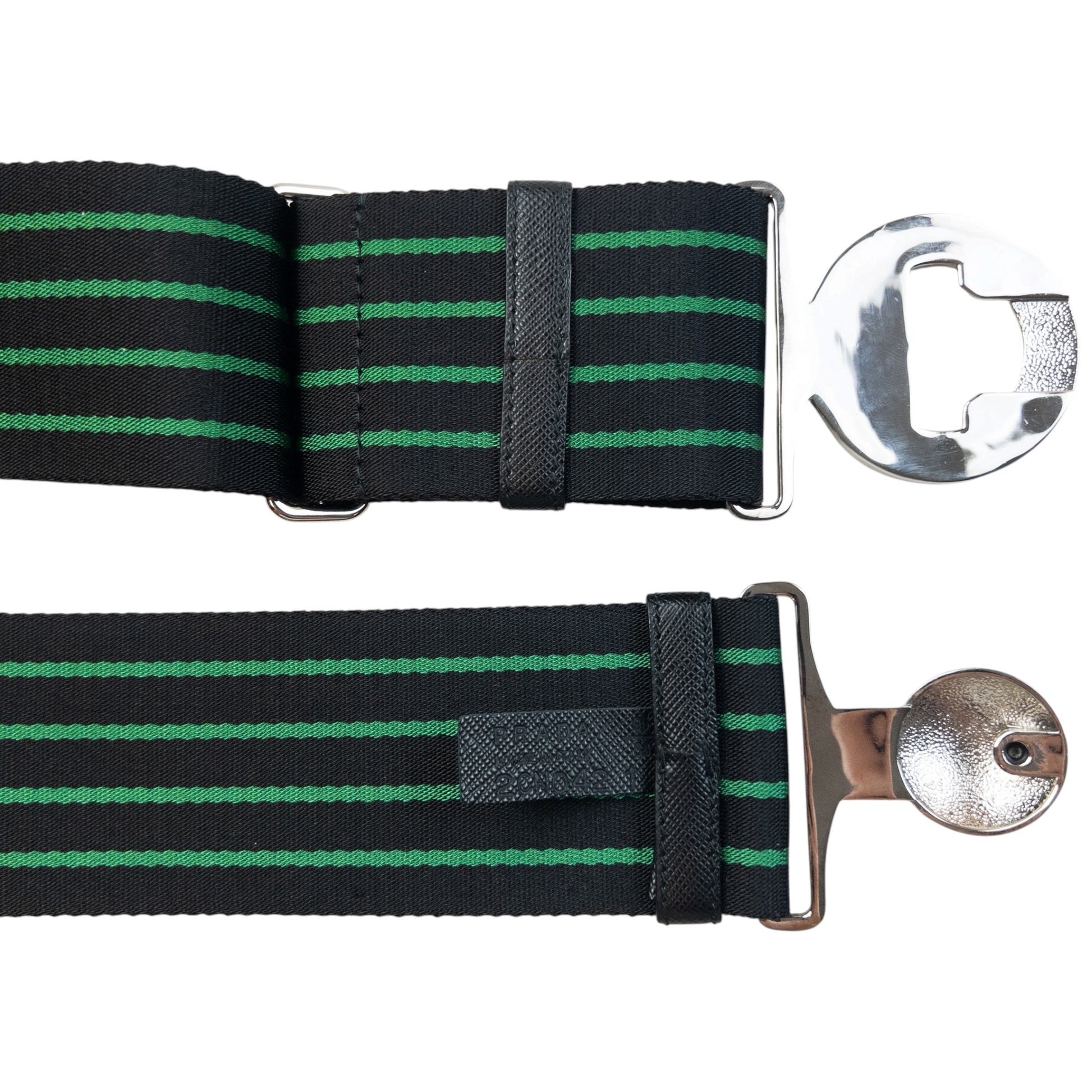 Prada black and green striped belt wide elastic design with silver-tone logo buckle detail