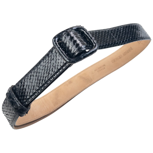 Giorgio Armani black python leather belt textured surface with matching covered buckle