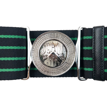 Prada black and green striped belt wide elastic design with silver-tone logo buckle detail