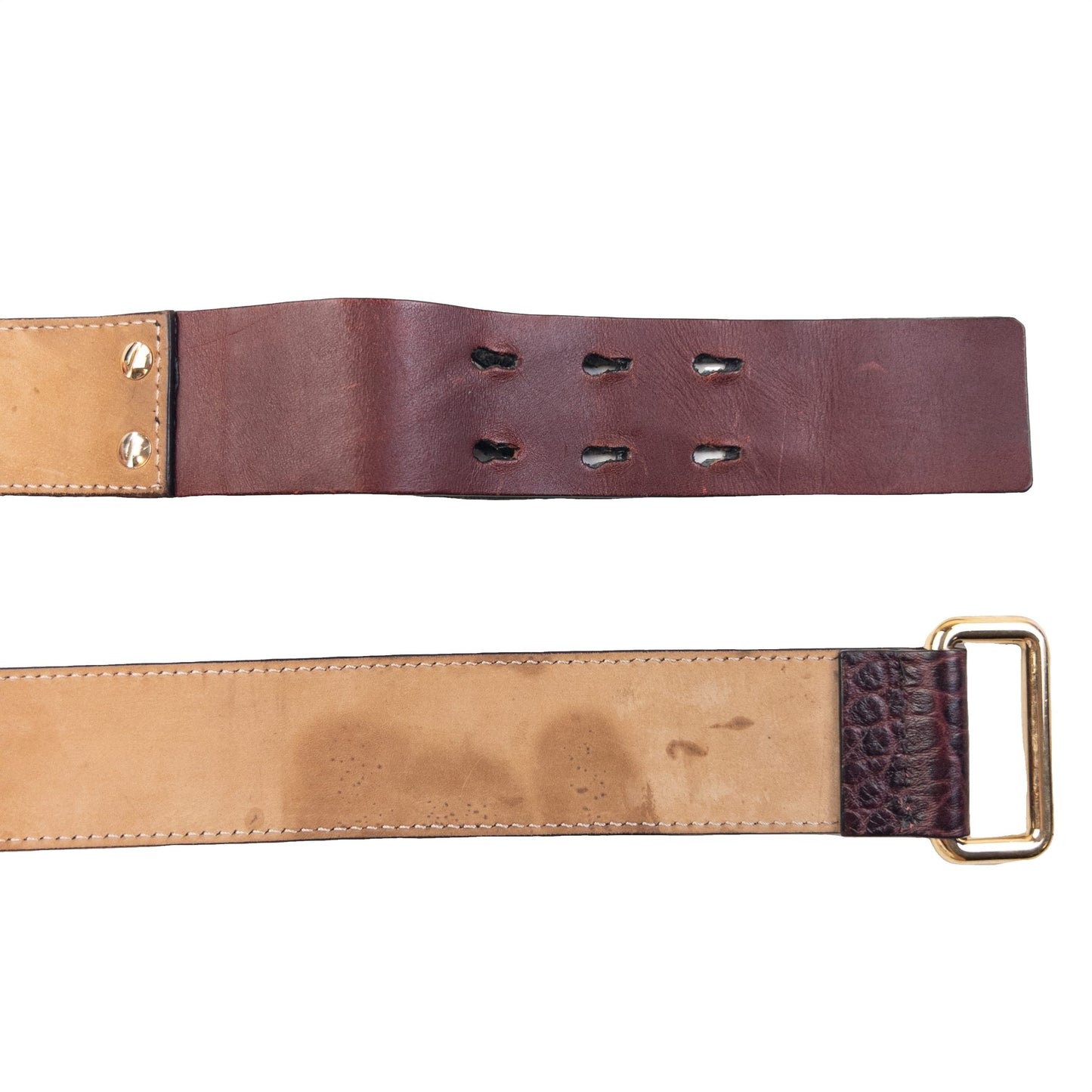 Burberry brown and burgundy leather belt textured finish gold-tone double prong buckle detail