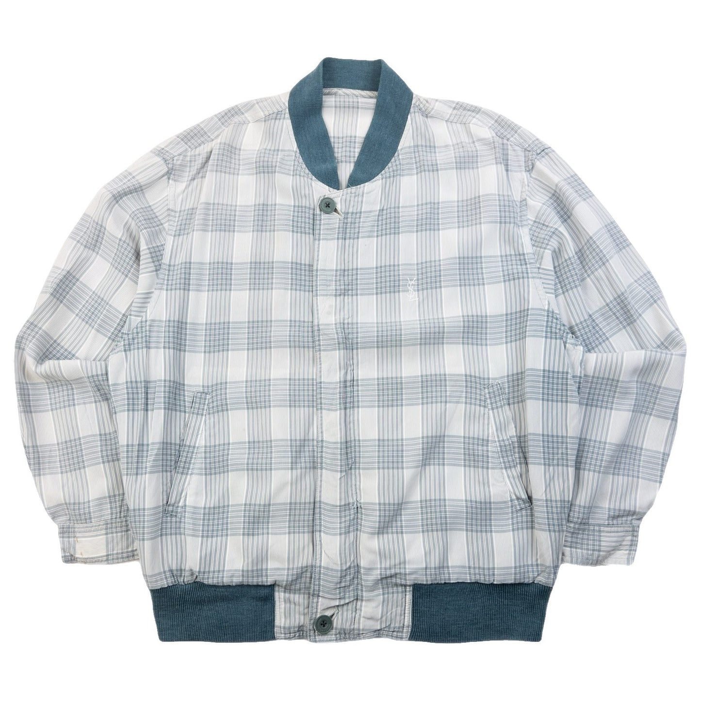 YVES SAINT LAURENT blue and white checkered bomber jacket embroidered logo on chest, ribbed details.