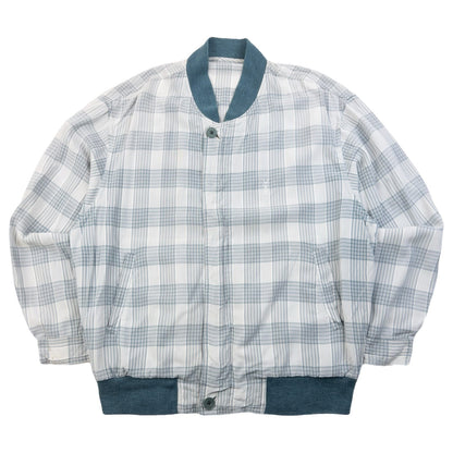YVES SAINT LAURENT blue and white checkered bomber jacket embroidered logo on chest, ribbed details.