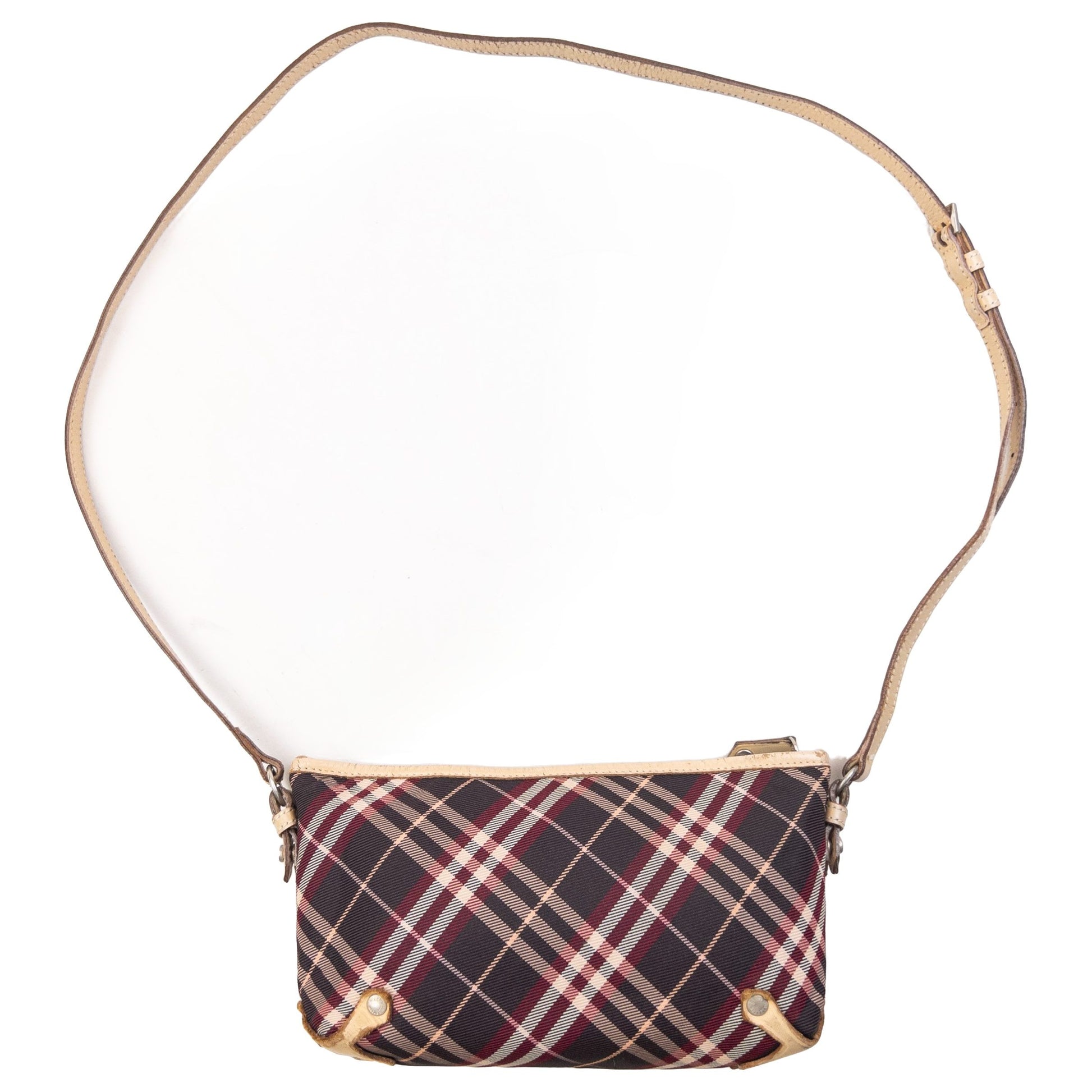 Burberry beige crossbody bag featuring classic Nova Check pattern and branded metal studs.