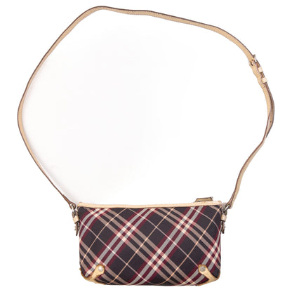 Burberry beige crossbody bag featuring classic Nova Check pattern and branded metal studs.