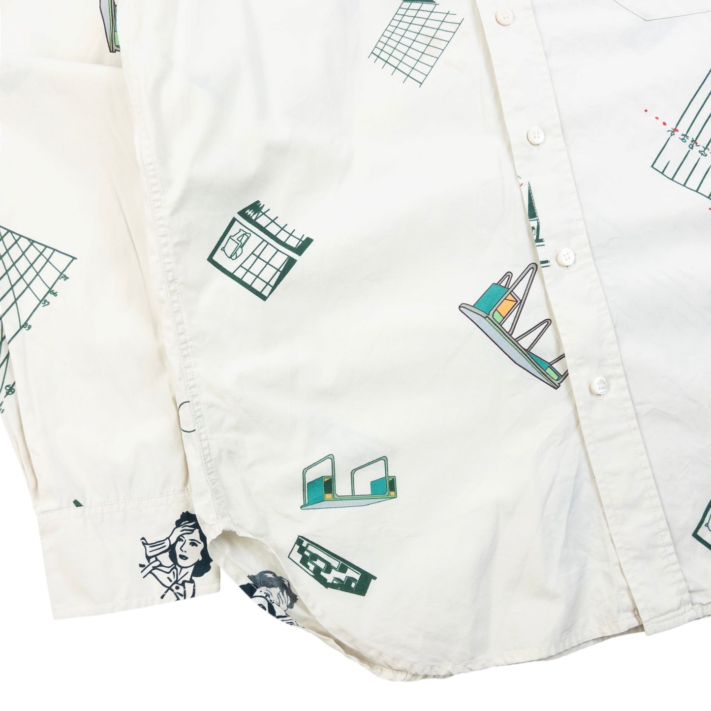 Cav Empt blue and white button-up shirt with abstract geometric print and single chest pocket.