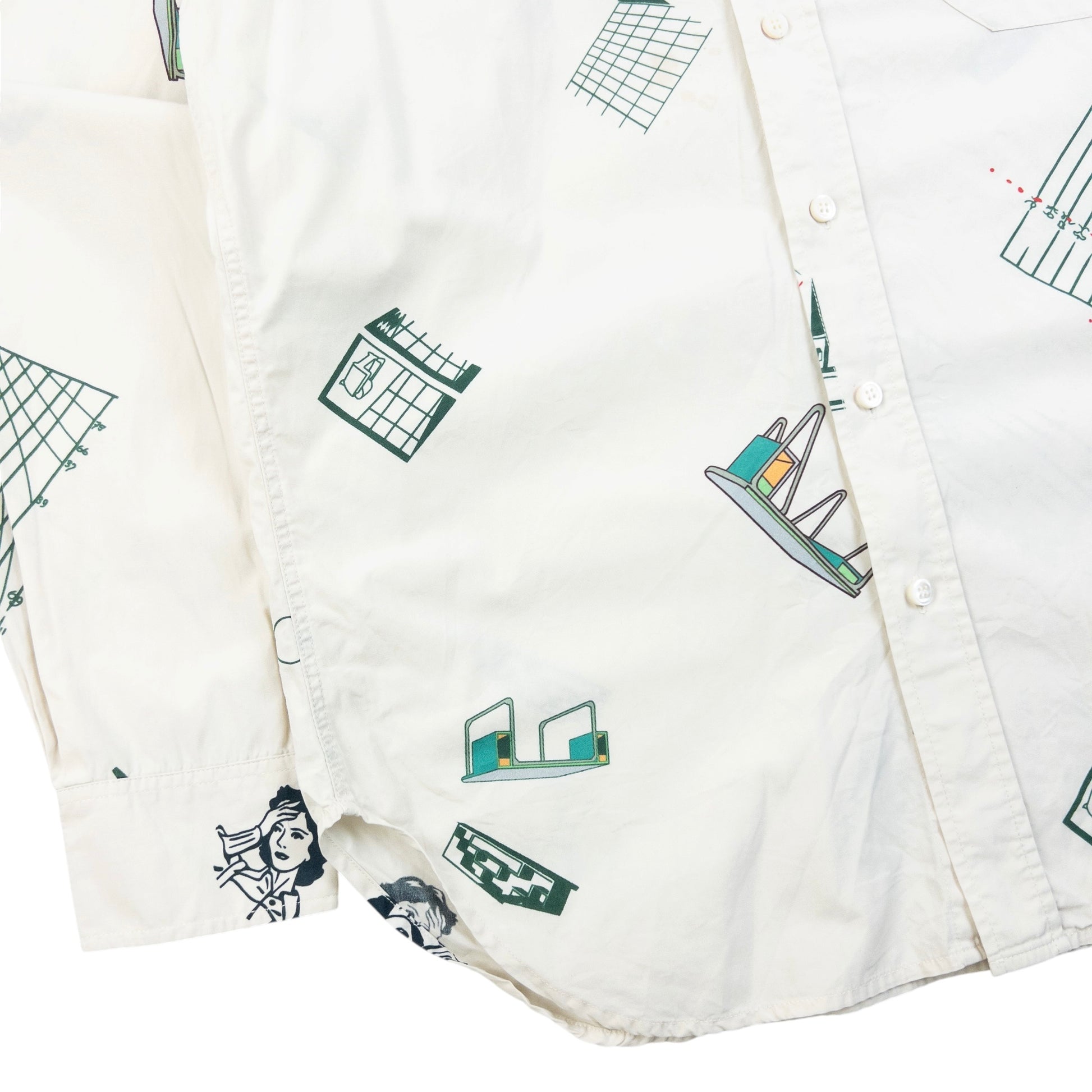 Cav Empt blue and white button-up shirt with abstract geometric print and single chest pocket.