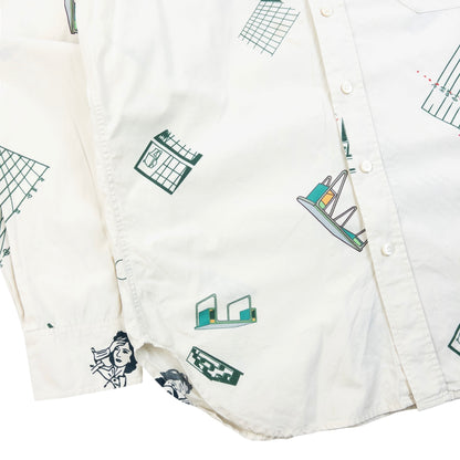 Cav Empt blue and white button-up shirt with abstract geometric print and single chest pocket.