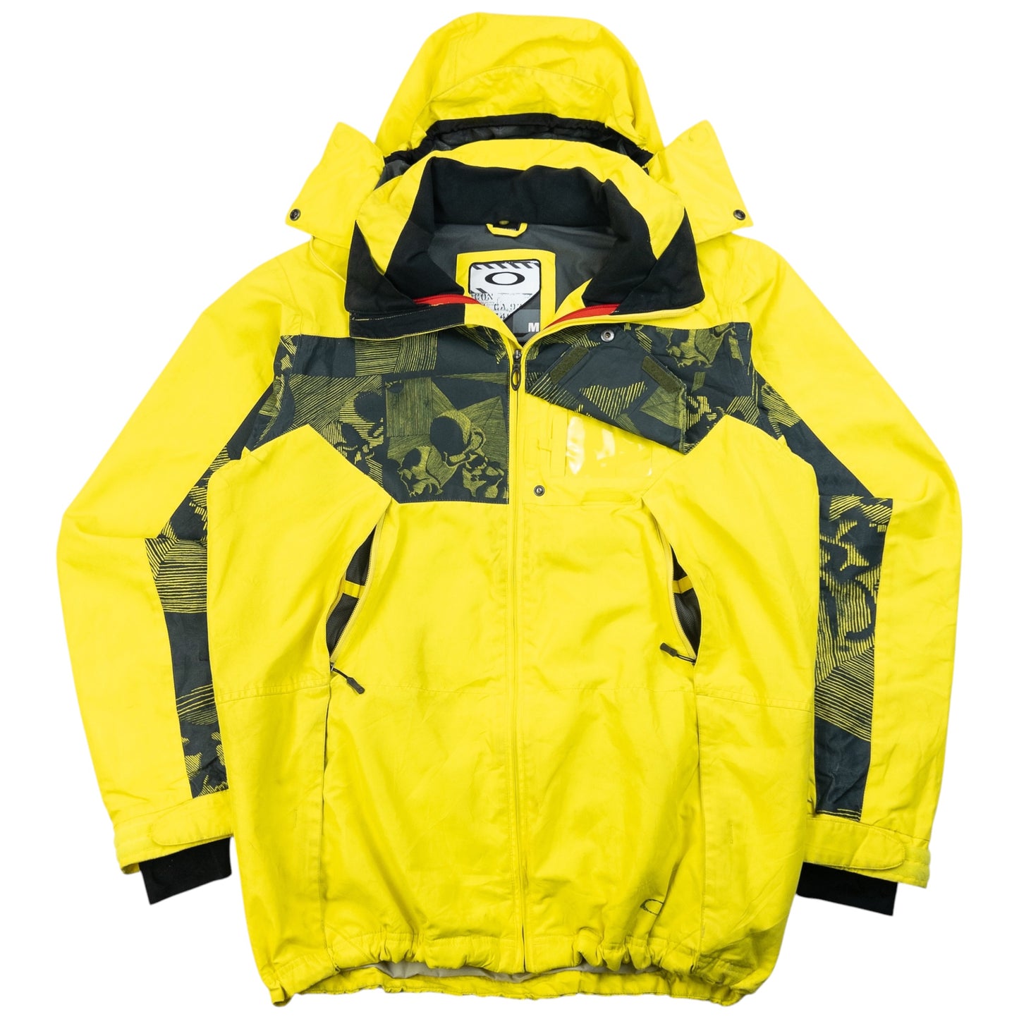 OAKLEY black and yellow zip-up snowboarding jacket bold patterned design on chest and sleeves