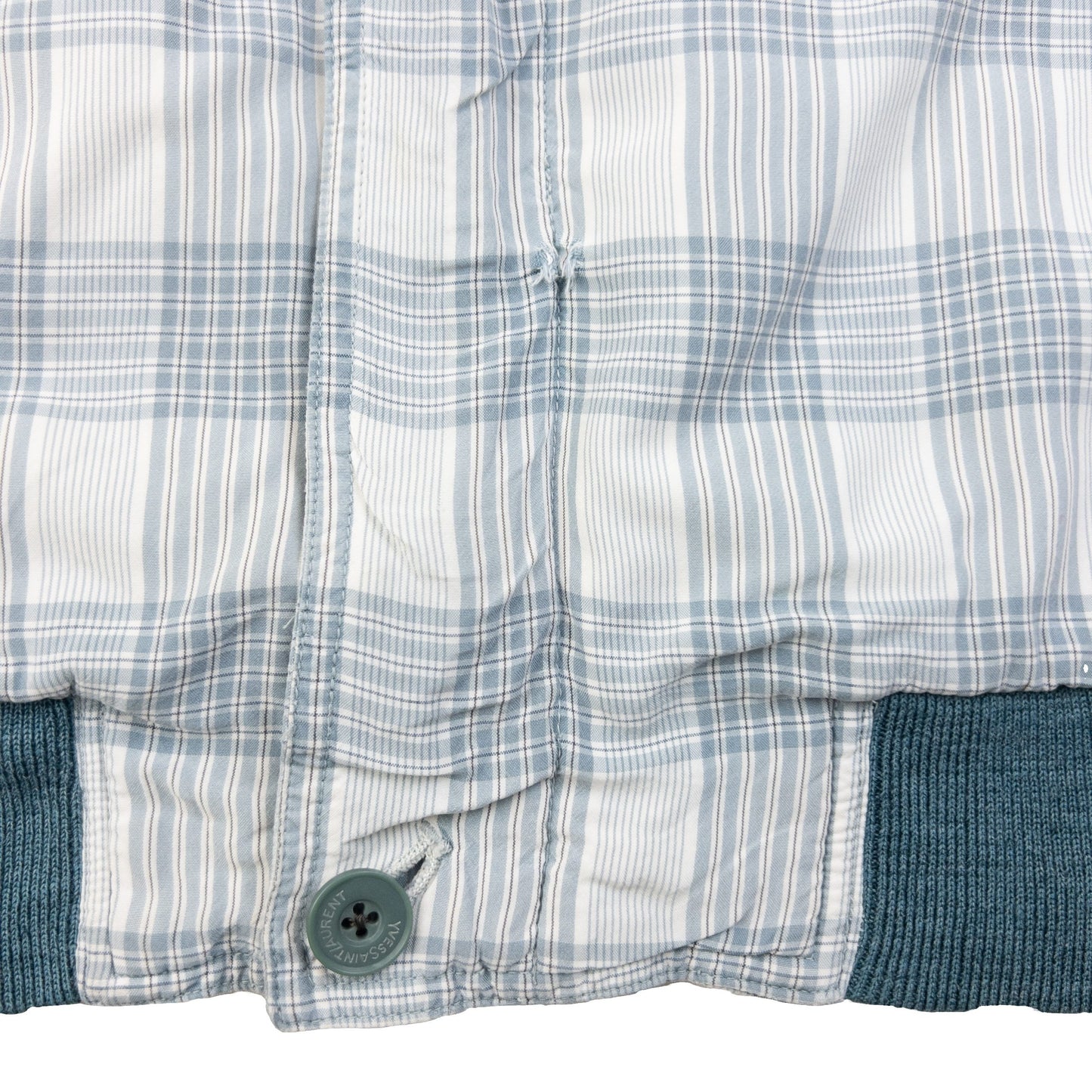 YVES SAINT LAURENT blue and white checkered bomber jacket embroidered logo on chest, ribbed details.