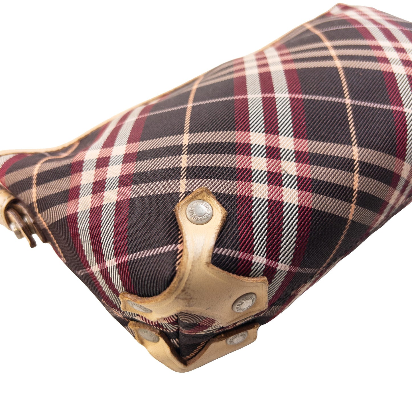 Burberry beige crossbody bag featuring classic Nova Check pattern and branded metal studs.