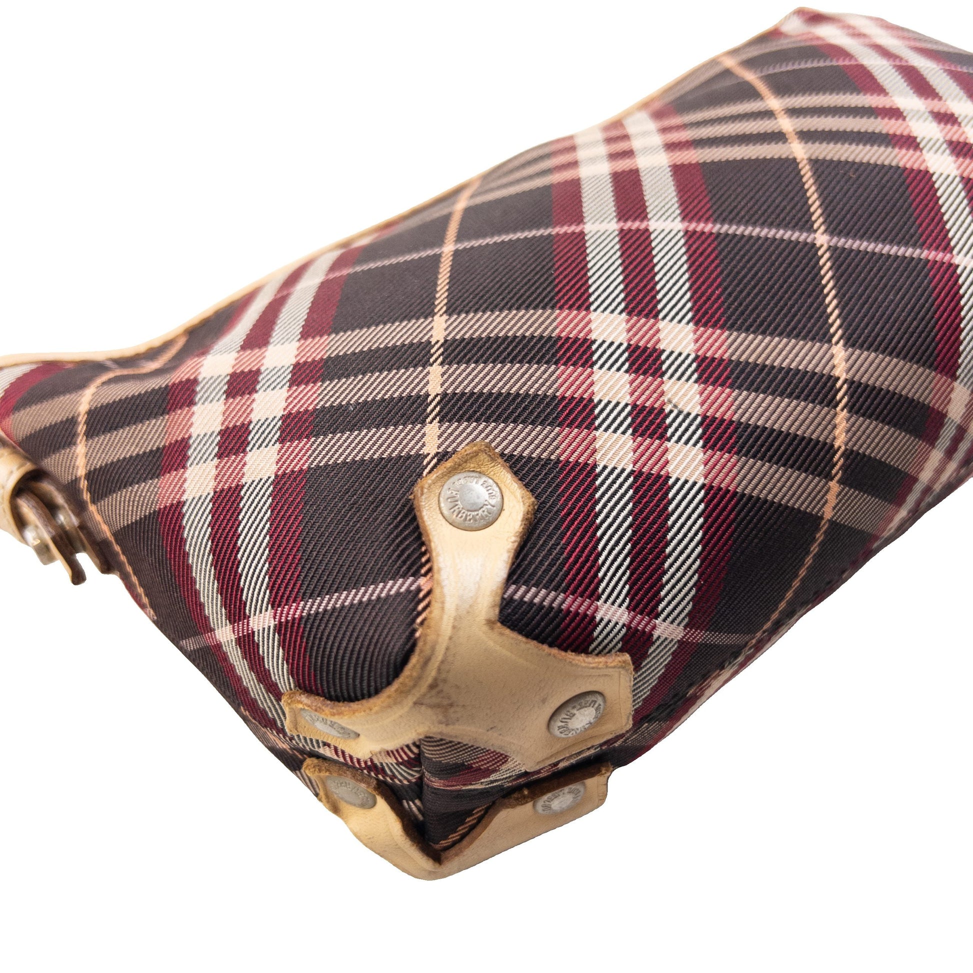 Burberry beige crossbody bag featuring classic Nova Check pattern and branded metal studs.