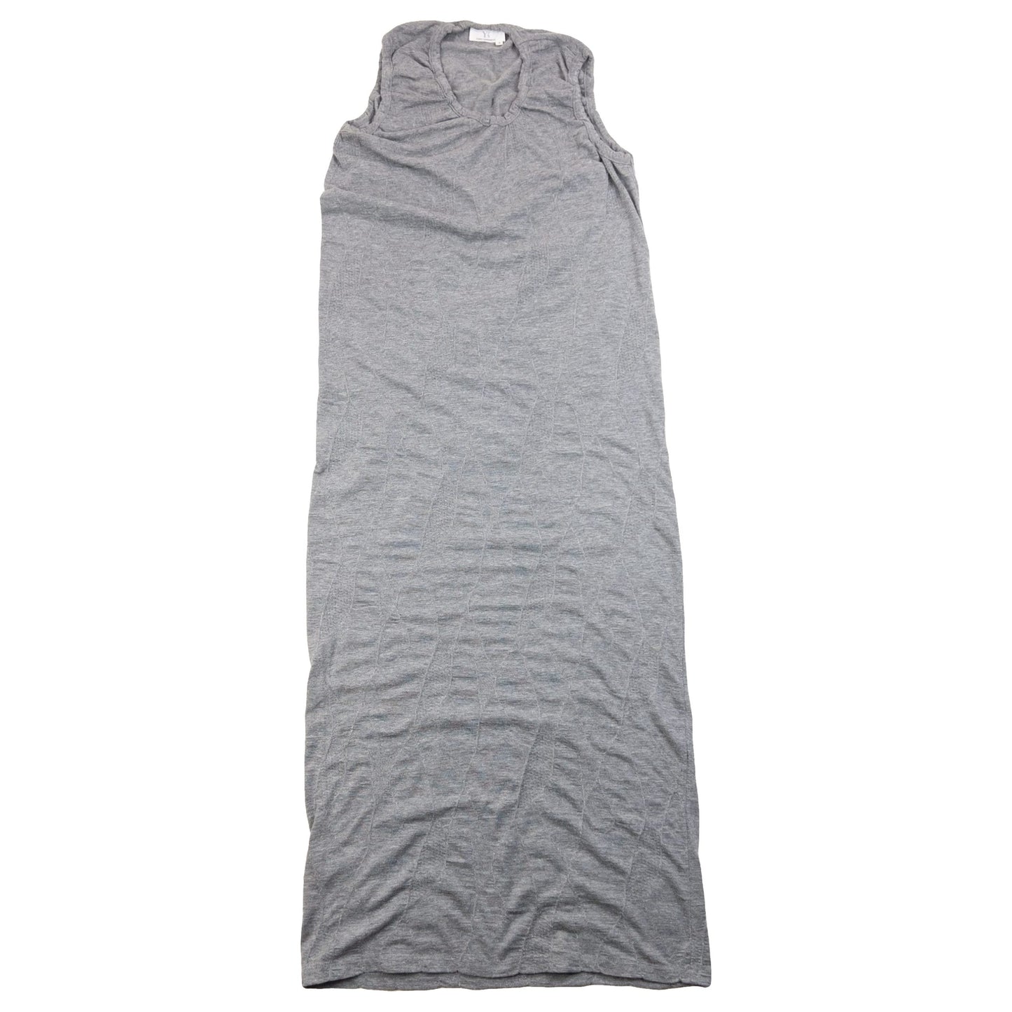 YOHJI YAMAMOTO grey sleeveless maxi dress ruched neckline detail elegant lace design