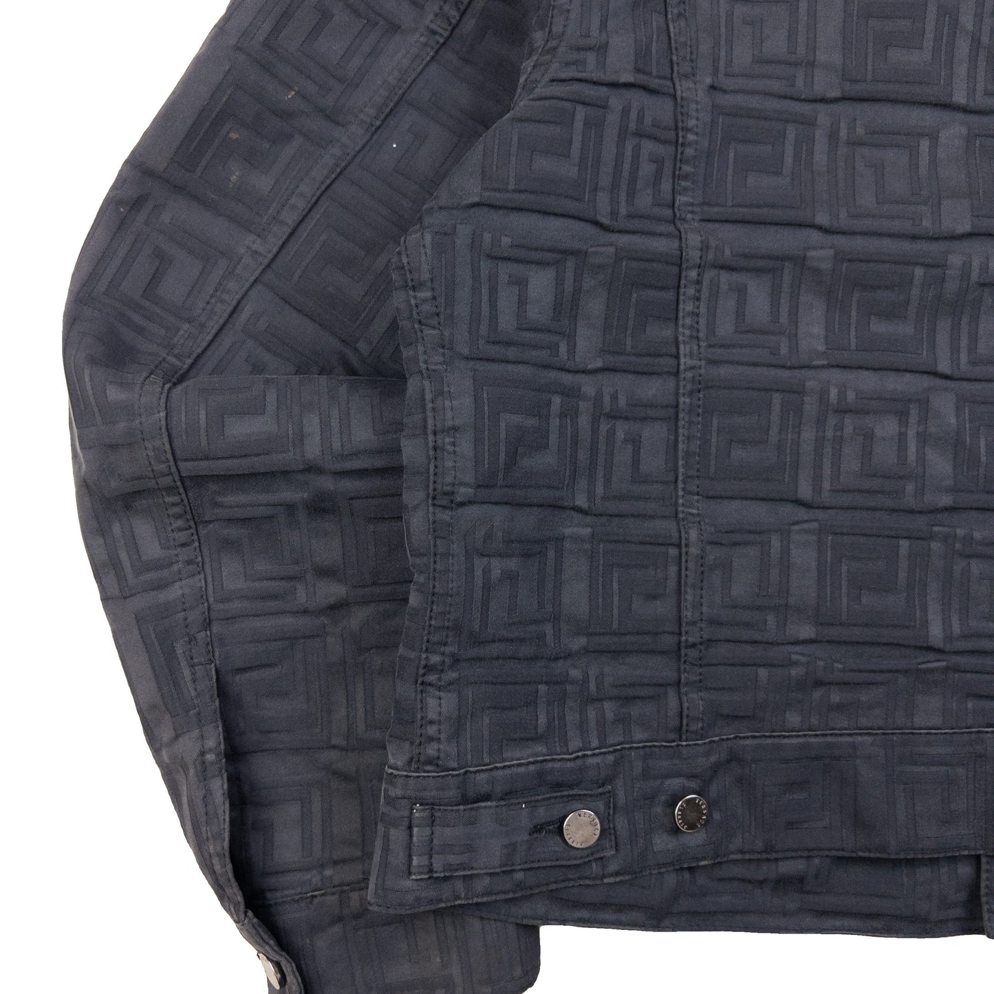 Versace Classic black button-up jacket embossed geometric pattern and branded metal buttons.