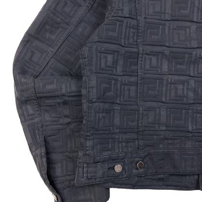 Versace Classic black button-up jacket embossed geometric pattern and branded metal buttons.