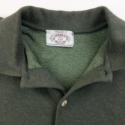 Armani Jeans green button-up collared jumper embroidered logo on chest, fleece-lined interior.