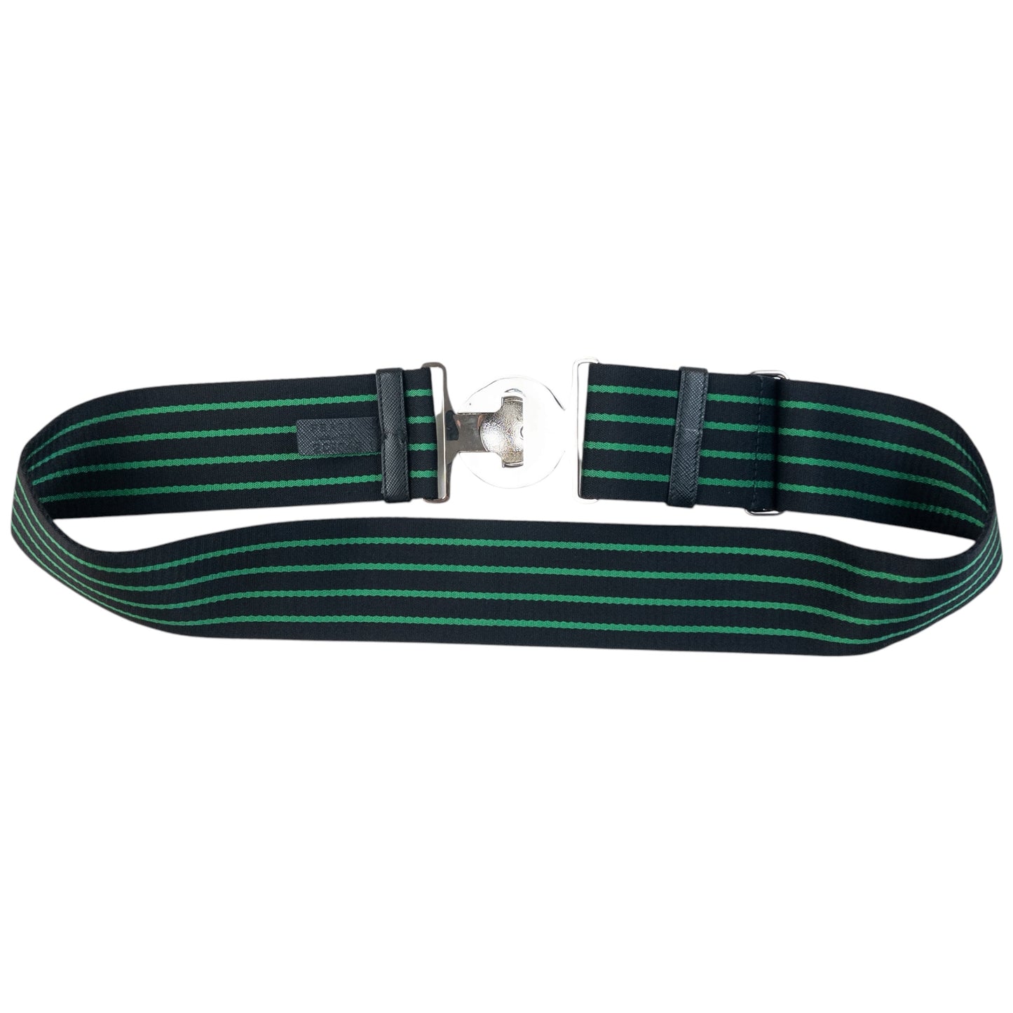 Prada black and green striped belt wide elastic design with silver-tone logo buckle detail