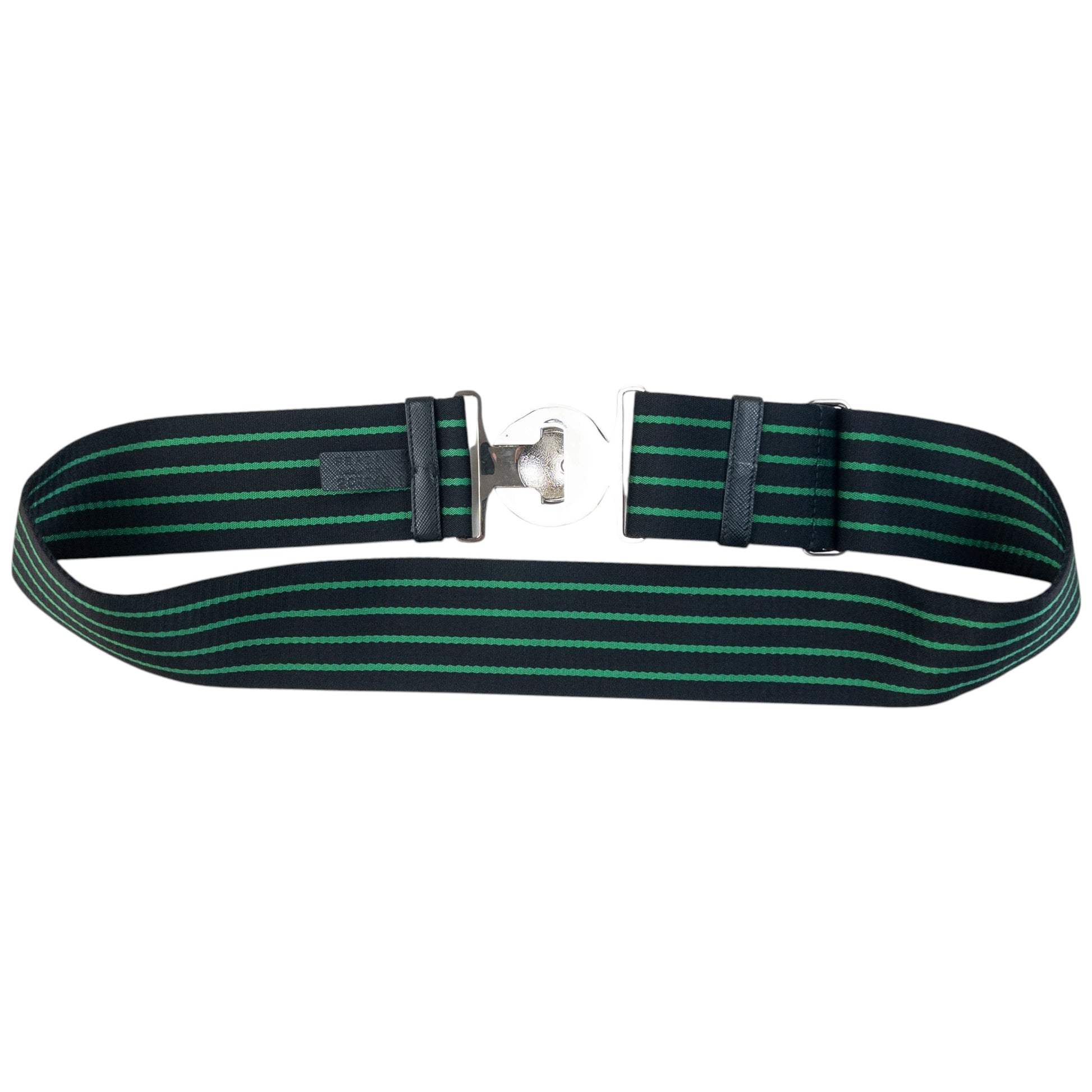 Prada black and green striped belt wide elastic design with silver-tone logo buckle detail