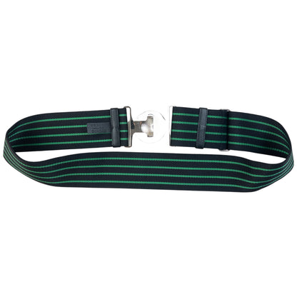 Prada black and green striped belt wide elastic design with silver-tone logo buckle detail