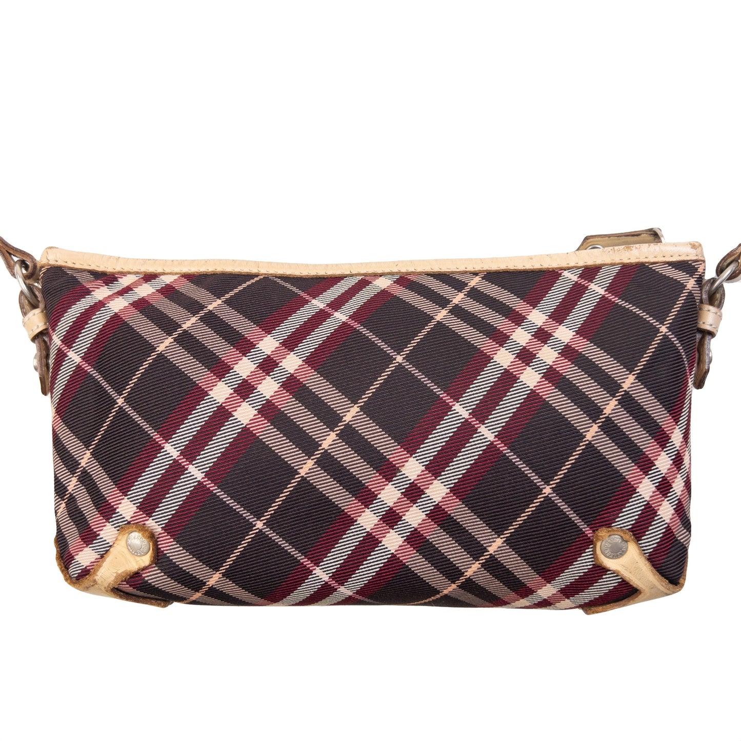 Burberry beige crossbody bag featuring classic Nova Check pattern and branded metal studs.