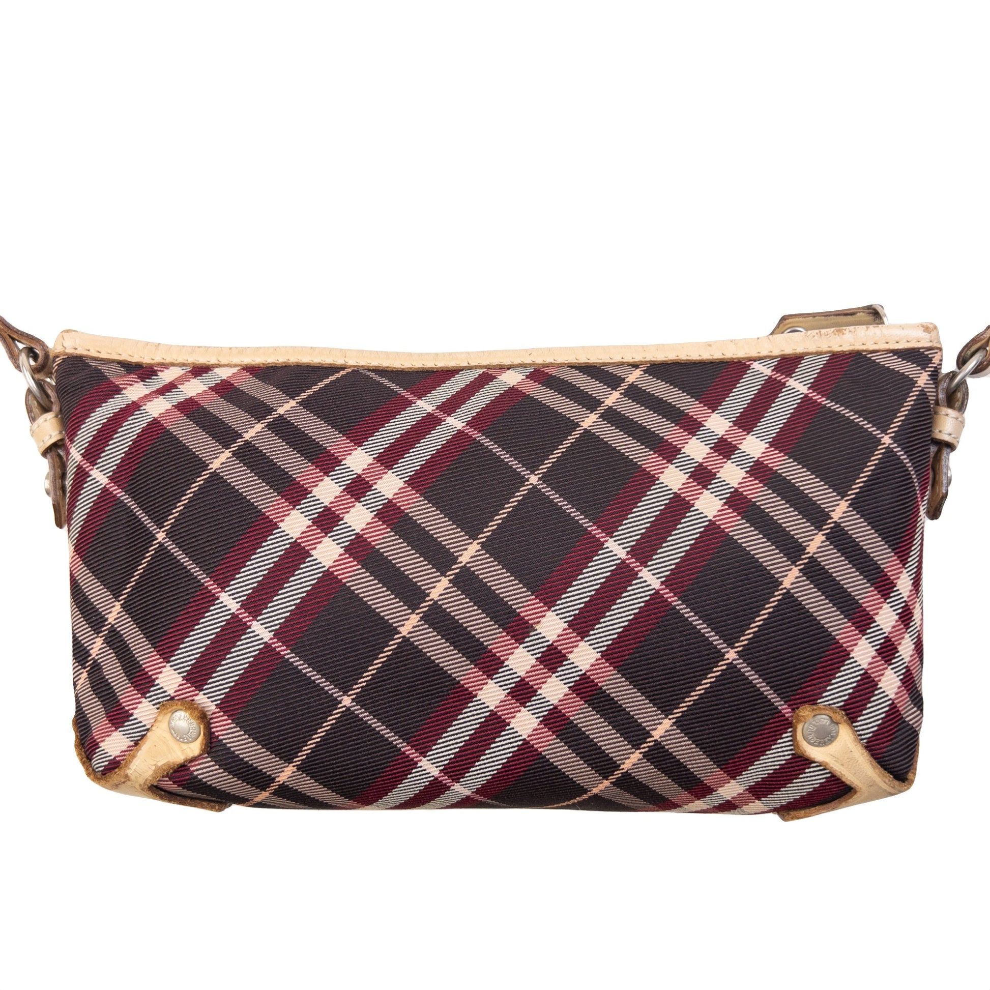 Burberry beige crossbody bag featuring classic Nova Check pattern and branded metal studs.