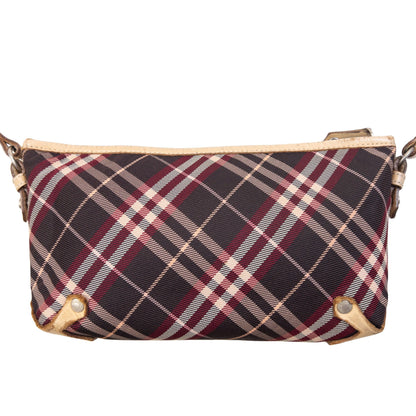 Burberry beige crossbody bag featuring classic Nova Check pattern and branded metal studs.