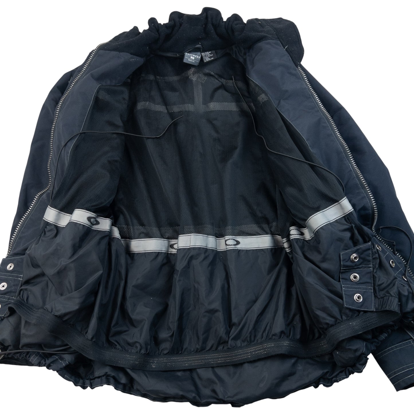 OAKLEY black and grey zip-up snowboarding jacket with embroidered logo and adjustable cuffs.