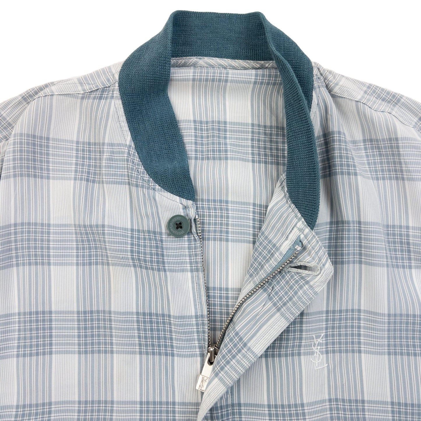 YVES SAINT LAURENT blue and white checkered bomber jacket embroidered logo on chest, ribbed details.