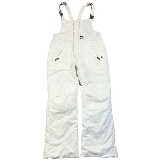 Burberry white ski overalls with logo detail on chest and adjustable straps.