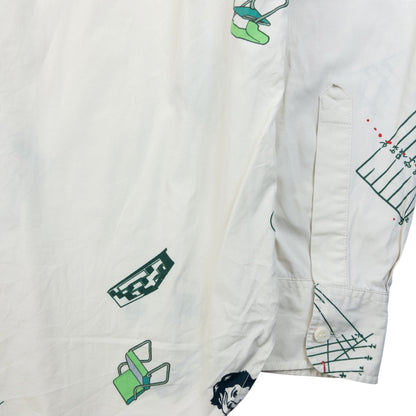 Cav Empt blue and white button-up shirt with abstract geometric print and single chest pocket.