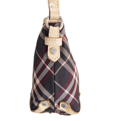 Burberry beige crossbody bag featuring classic Nova Check pattern and branded metal studs.