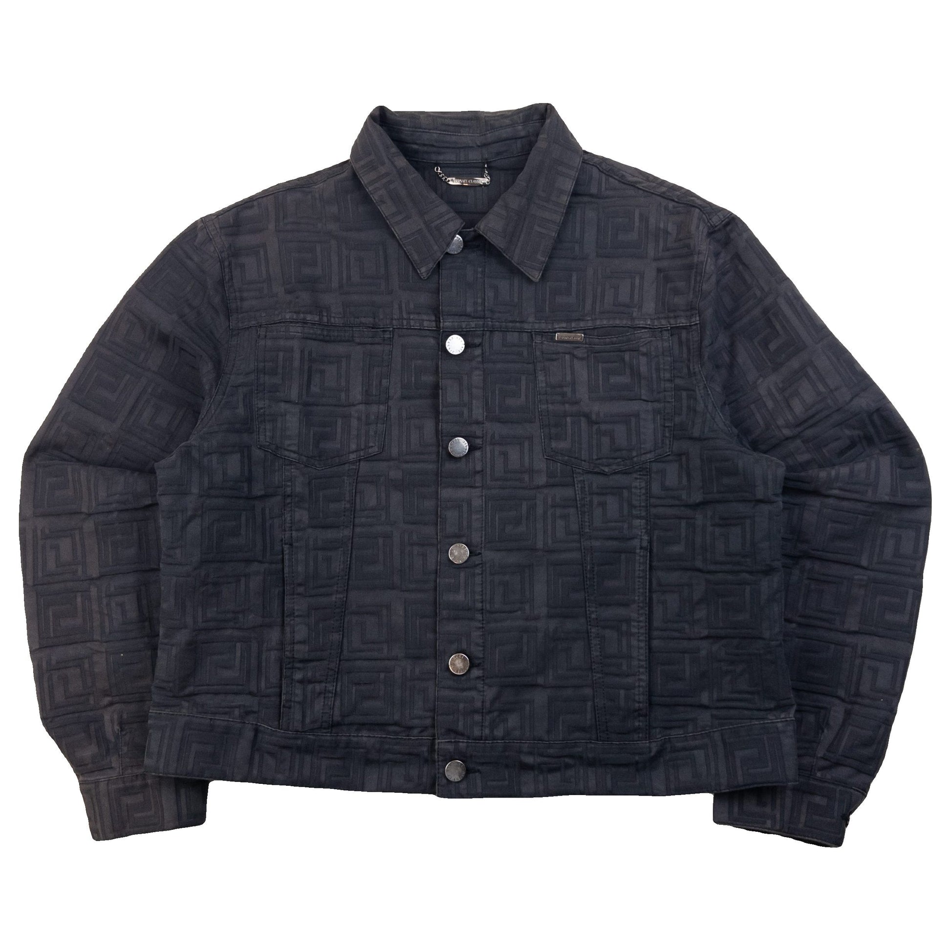 Versace Classic black button-up jacket embossed geometric pattern and branded metal buttons.