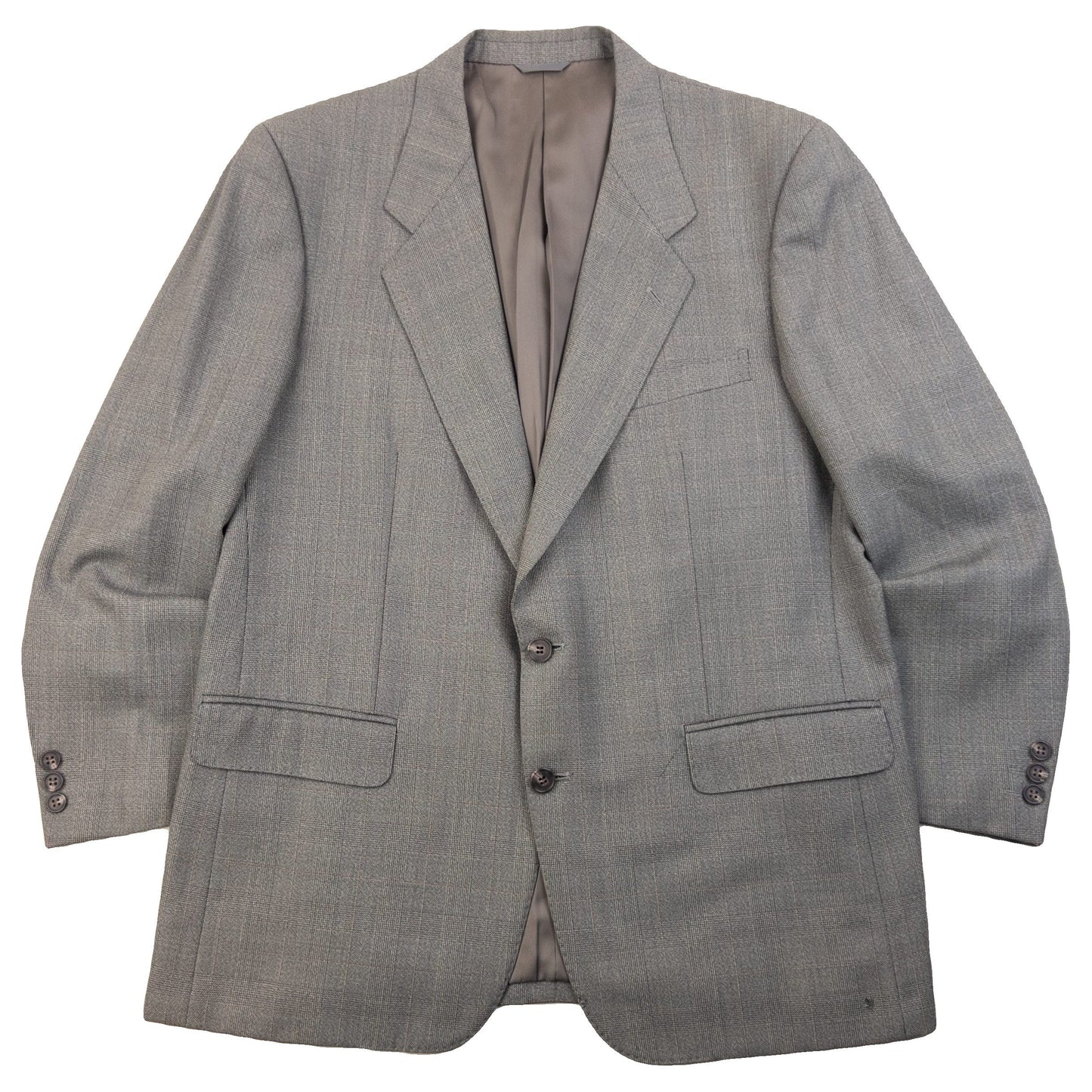 BALENCIAGA grey checkered suit set featuring a two-button jacket with flap pockets and pleated trousers