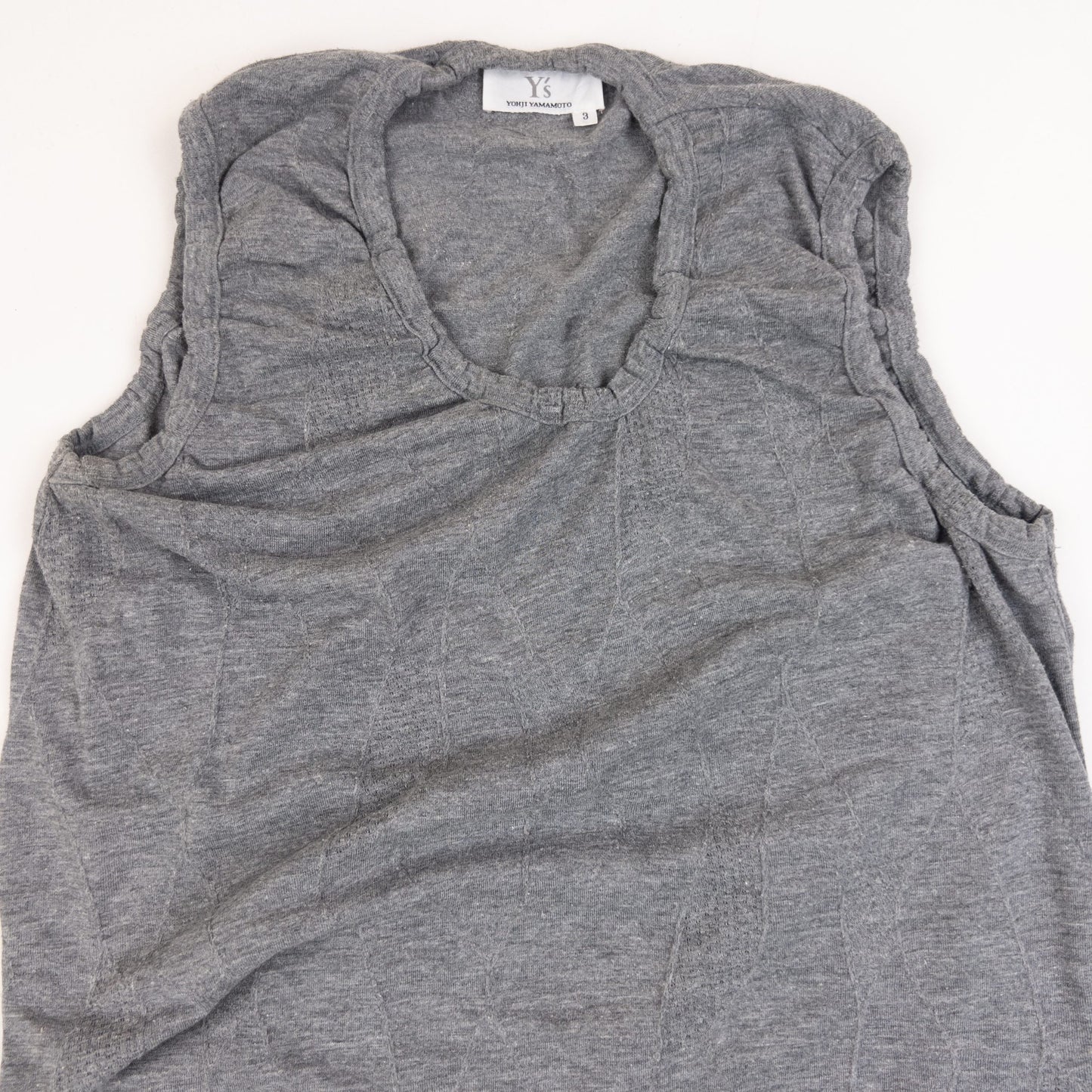 YOHJI YAMAMOTO grey sleeveless maxi dress ruched neckline detail elegant lace design