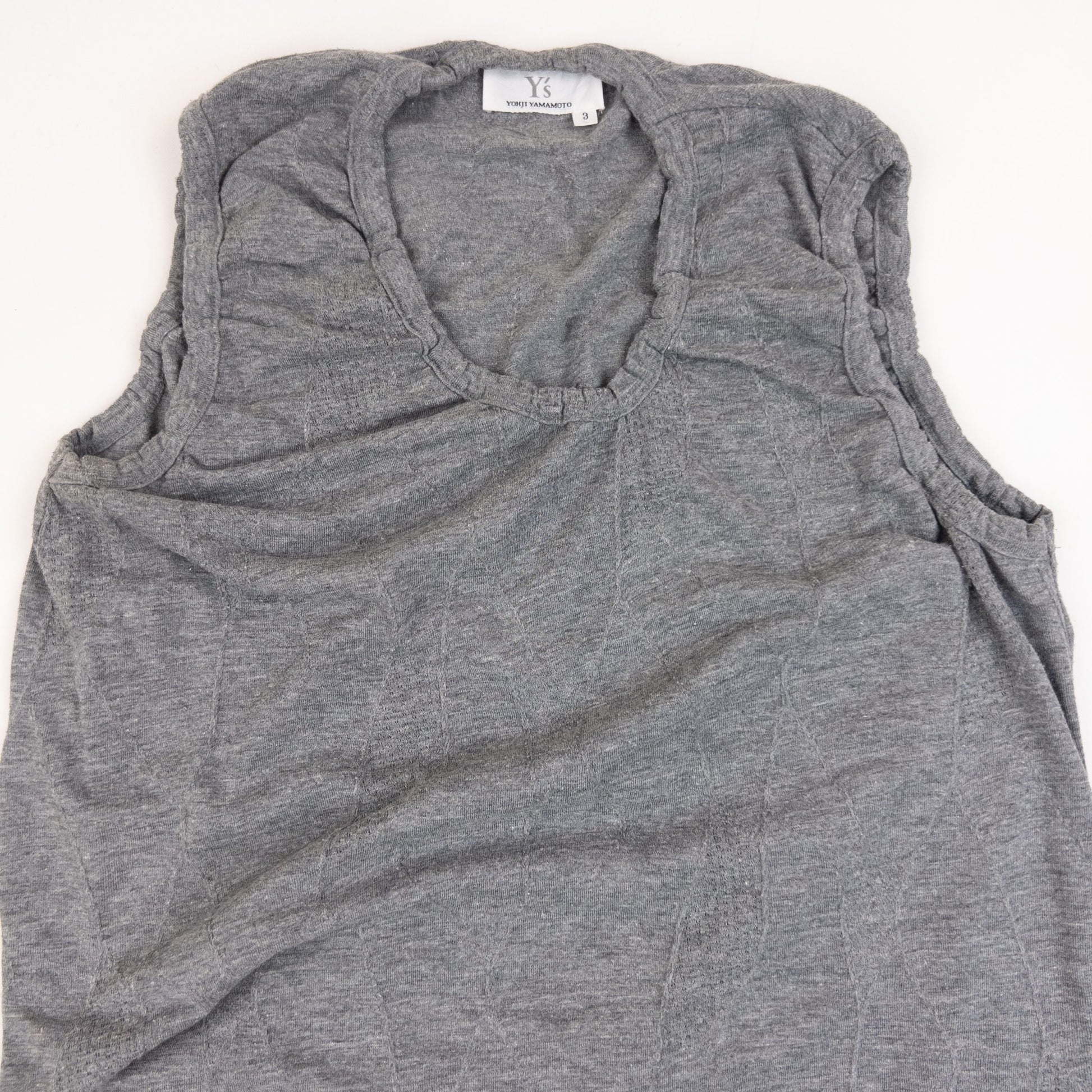 YOHJI YAMAMOTO grey sleeveless maxi dress ruched neckline detail elegant lace design