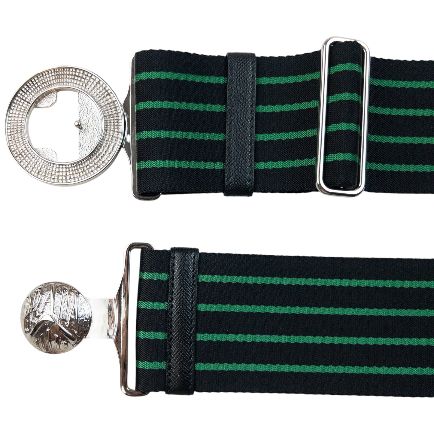 Prada black and green striped belt wide elastic design with silver-tone logo buckle detail