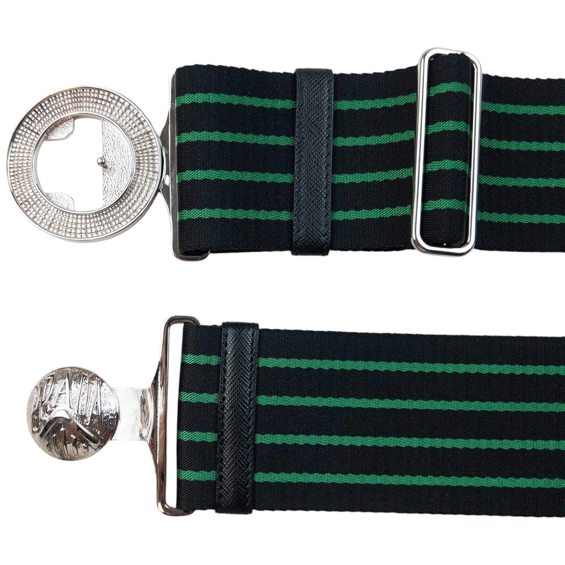 Prada black and green striped belt wide elastic design with silver-tone logo buckle detail