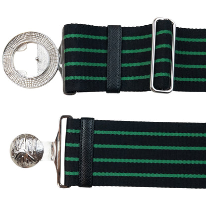 Prada black and green striped belt wide elastic design with silver-tone logo buckle detail